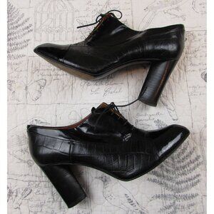 Pour La Victoire Black leather /patent Oxford Lace-up block Heel shoe womens 10